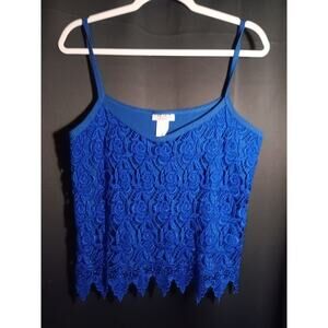 VTG Y2K Cami Crop Top 3X Blue Ribbed Floral Crochet Lace Camisole Vejaiz USA
